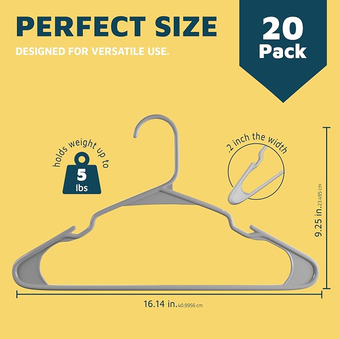 Lifemaster Plastic Clothes Hangers – Heavy Duty Hanger Set, for Organizing Clothes, Dresses, and Coat, Holds Up to 5 lbs, Space-Saving Hangers with Non-Slip Shoulder Grooves, Pack of 20, Gray - Image 2