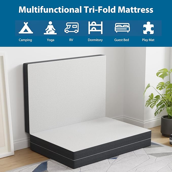 3 inch Folding Mattress Tri Fold Memory Foam Mattress Topper Portable Foldable Mattress Topper with Washable Cover Non-Slip Bottom for Camping, Guest, Floor RV, CertiPUR-US Certified,Twin XL