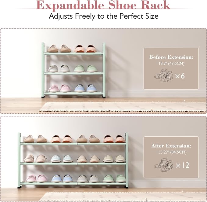 Bumusty 3-Tier Expandable Shoe Rack for Closet, 18“-33” Adjustable Shoe Rack for Small Space, Small Shoe Organizer for Front Door, Sturdy Metal, Green - Image 4