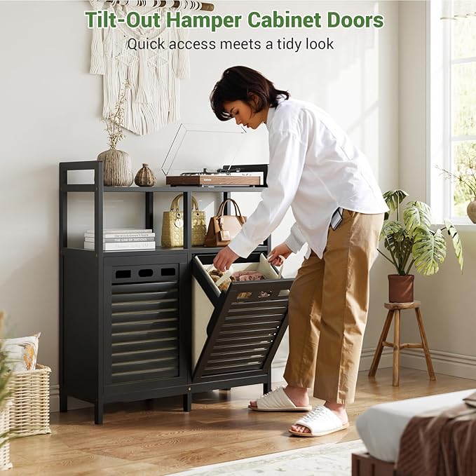 Homykic Tilt Out Laundry Hamper Cabinet, Bamboo Double Laundry Hamper with 2 Removable Laundry Baskets, 20 Gal Laundry Sorter Organizer with Shelf for Dirty Clothes, Bathroom, Laundry Room, Black - Image 4