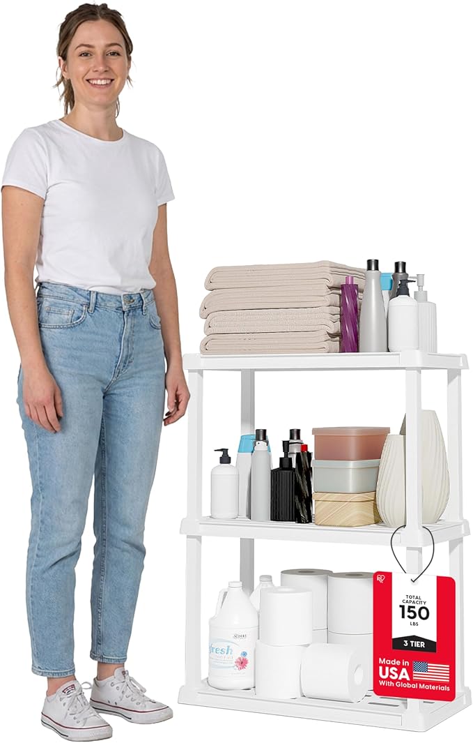 IRIS USA 3-Shelf Light Duty Plastic Storage Shelves, 150lb Capacity, 33" H x 24" W x 12" D, Medium Modular Shelving Unit Storage Organizer for Bathroom, Laundry, Garage & Home, Storage Rack - White by IRISUSA