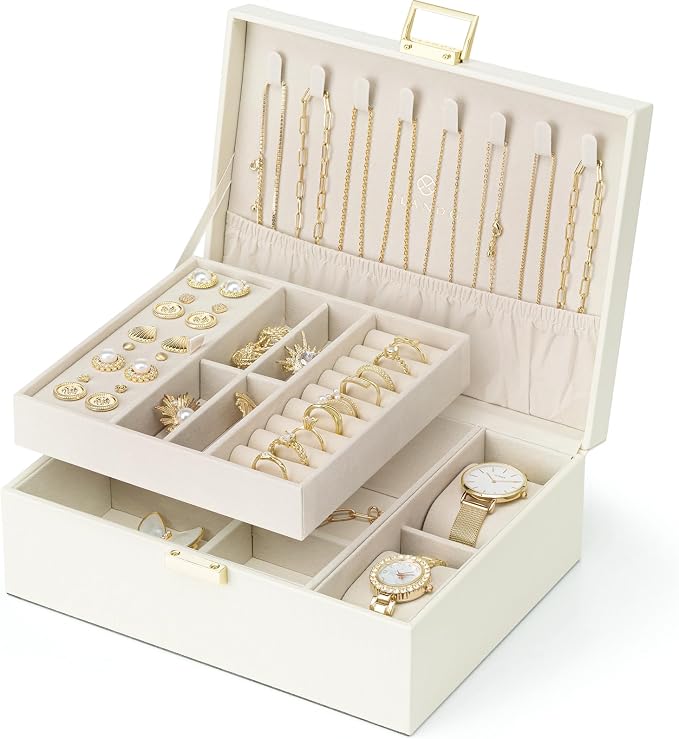 Vlando Jewelry Organizer,2 Layer Jewelry Box Large Jewelry Organizer for Women Removable Jewelery Tray with Watch Pillow for Necklace Earrings Rings Bracelets(Cream White) by VLANDO