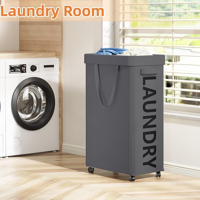 Optish Laundry Basket with Wheels, 90L Rolling Laundry Hamper with Wheels, Large Clothes Hamper on Wheel with Removable Mesh Bag for Bedroom, Bathroom, Dorm, Grey - Image 2