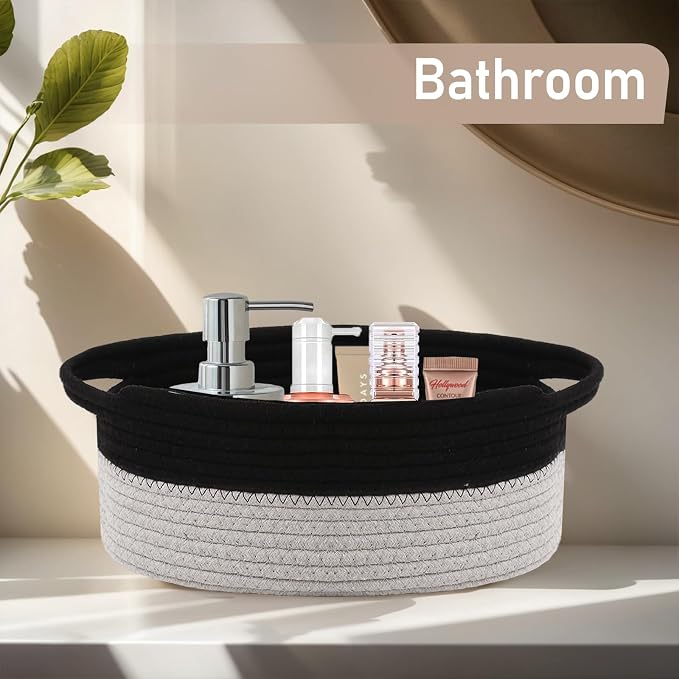 JMvicyroam Woven Basket,Small Rope Storage Bin with Handles & Ribbon Bag, Organizer for Shelves Closets,Gift Basket Empty for Birthday,Books,Dog Toys, Black&Grey - Image 8