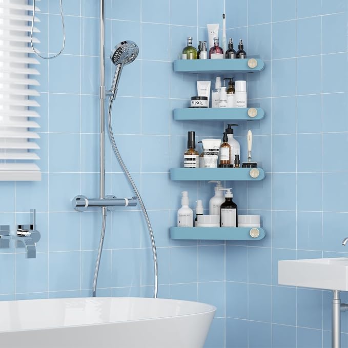 Sotfamily Plastic Shower Caddy Corner (For 90° Only), 4 Pack Adhesive Corner Shower Shelves for Bathroom Organizers and Storage, Light Blue - Image 3