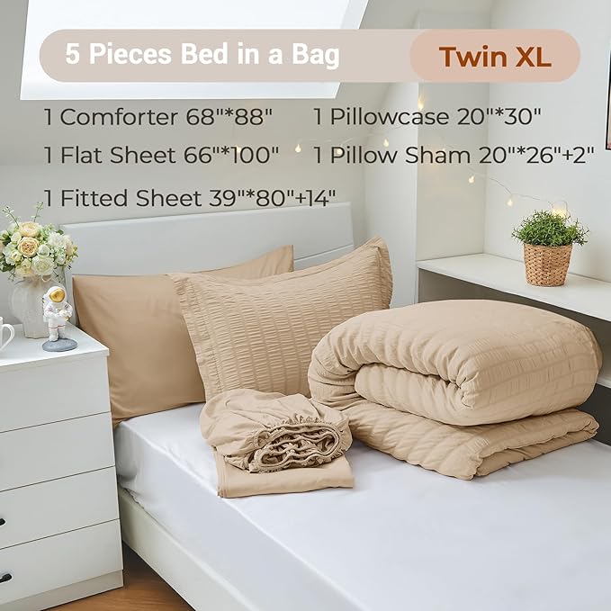 MUXHOMO 5 Pieces Twin XL Comforter Set, Seersucker Bed in a Bag Twin XL Size, All Season Luxury Bedding Set with Comforter, Flat Sheet, Fitted Sheet, Pillowcase & Sham, Khaki