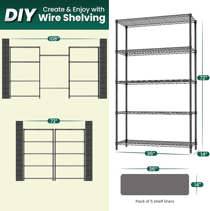 5-Tier Storage Shelves 72" H Wire Shelving, Adjustable Metal Shelving Pantry Shelves, 1325LBS Heavy Duty Rack with Shelf Liners for Garage Commercial Kitchen, 36" W x 14" D x 72" H, Black - Image 3