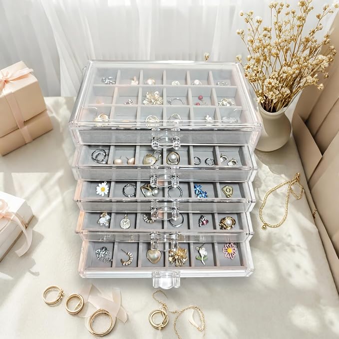 Acrylic Earring Holder Organizer with 5 Drawers Clear Earring Organizer Box with 90 Adjustable Grids Velvet Earring Display Case Jewelry Organizer for Earrings Rings Studs (Grey) - Image 4