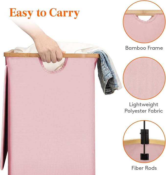 Lifewit 150L Double Laundry Hamper with Lid, Large Laundry Basket with Removable Bag & Bamboo Handles, Fodable Tall Dirty Clothes Hamper for Laundry Collapsible Bin for Bathroom Bedroom Dorm, Pink - Image 3
