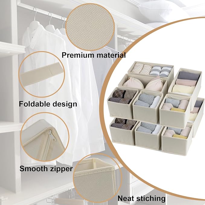 Fordonral Drawer Organizer Clothes, Foldable Fabric Dresser Organizer Closet Organizers and Storage Box for Underwear,Folded Clothes,Baby Clothing,Socks,Bra,Towels,Ties(6M+6S,Beige) - Image 4