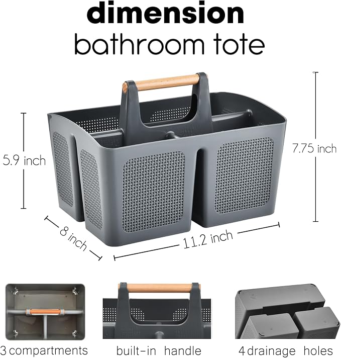 ALINK Portable Shower Caddy Basket with Compartments, Plastic Divided Cleaning Caddy Organizer Storage Tote with Handle for Bathroom, College, Dorm Room Essentials, Dark Gray - Image 2