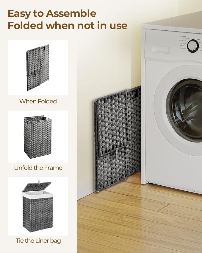 Greenstell Laundry Hamper with Lid, 60L Clothes Hamper with 2 Removable Liner Bags & 2 Mesh Laundry Bags, Handwoven Synthetic Rattan Laundry Basket for Clothes, Toys in Bathroom, Bedroom Grey - Image 7