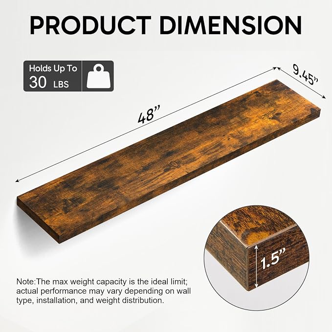 BAYKA Floating Shelves, 48 inches Long Wall Mounted Rustic Wood Shelves for Bathroom, Bedroom, Living Room, Kitchen, Office, Hanging Shelf for Books/Storage/Decor(Rustic Brown,Set of 2) - Image 3