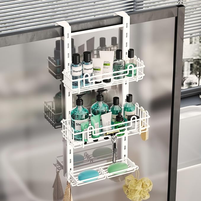 HapiRm 3 Tier Over the Door Shower Caddy, Hanging Shower Caddy with 16 Hooks and 2 Soap Holders, No Drilling Adjustable Hanging Bathroom Organizer - White by HapiRm
