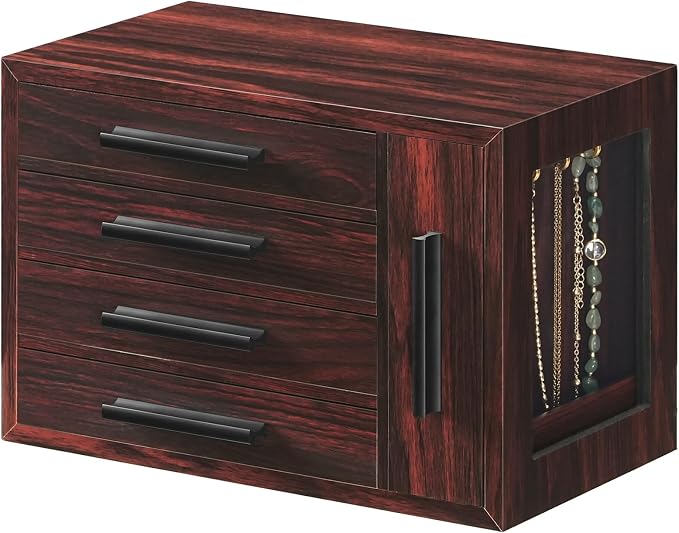 HOOBRO Jewelry Box for Women, Wooden Jewelry Organizer with Transparent Window, 4-Layer Jewelry Organizer Box, Jewelry Holder Organizer for Earrings, Necklaces, Rings, Dark Walnut and Black BRT09JB04 by HOOBRO