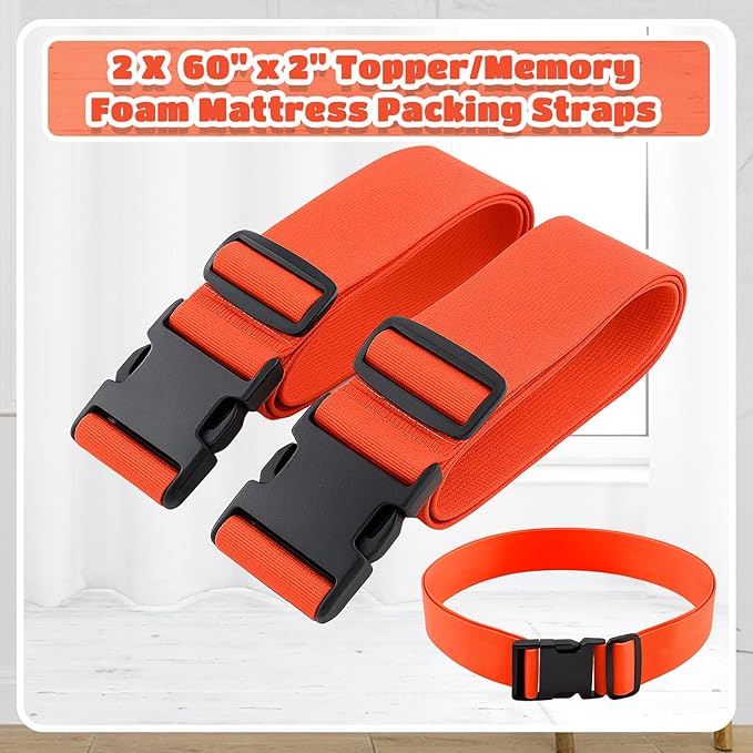 2 Pcs 60" x 2" Mattress Topper Straps Adjustable Memory Foam Packing Straps with Buckles for Home Mattress Moving or Storage, Orange