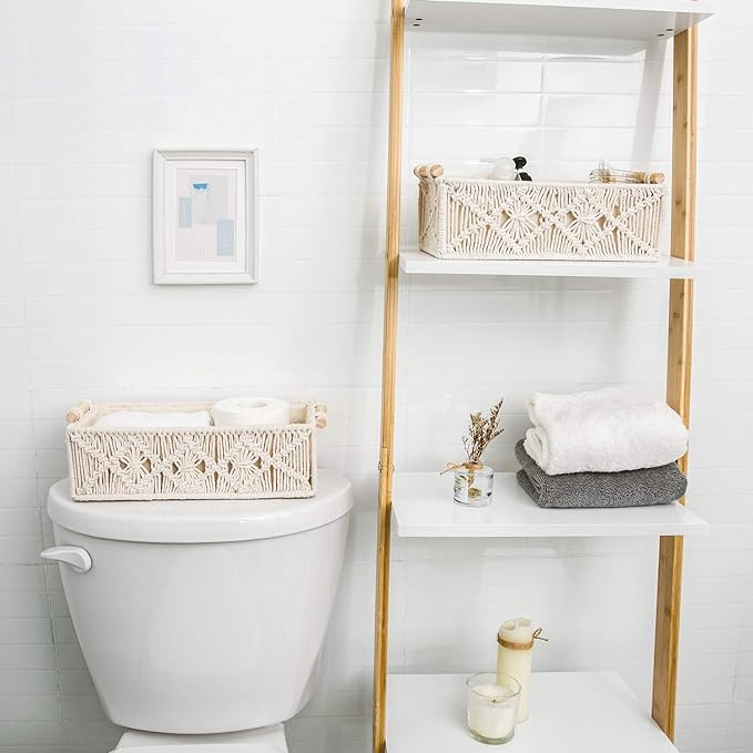 Mkono Macrame Storage Baskets Boho Decor Box Handmade Woven Decorative Countertop Toilet Tank Shelf Cabinet Organizer for Bedroom Livingroom Home, Set of 2, Ivory - Image 2