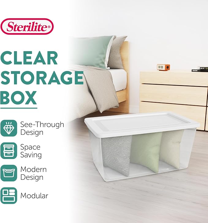 Sterilite 16 Pack Storage Box, 90 Quart Stackable Tote, Clear Plastic Container with Secure Snapping Lids for Home and Office Organization, White - Image 2
