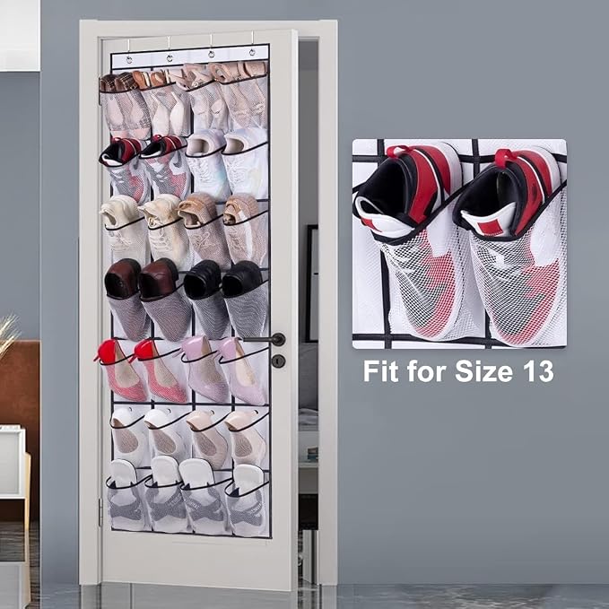 MISSLO 28 Large Pockets Over The Door Shoe Rack Hanging Shoe Organizer for Closet Door Shoe Storage Holder Mesh Hanger, White - Image 2