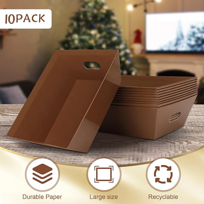 AFOROEOA 10PACK Baskets for Gifts Empty, 10x12”Thick Brown Gift Basket with Handles 10 Bows 10 Bags Empty Gift Baskets for Christmas Thanksgiving Wedding Birthday Party Wrapping Gift - Image 3