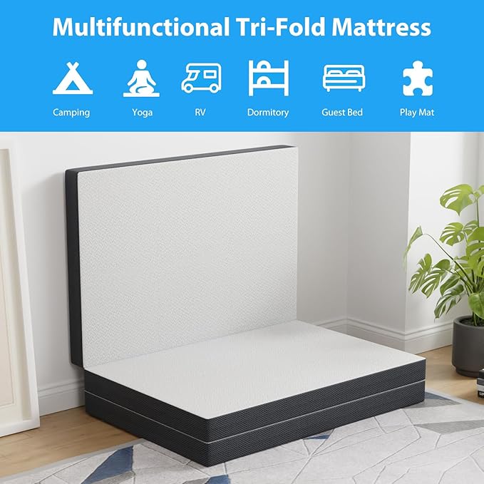 PayLessHere 3 inch Memory Foam Tri Folding Mattress/Portable Foldable Mattress Topper with Washable Cover Non-Slip Bottom for Camping, Guest, Floor RV, CertiPUR-US Certified,Twin