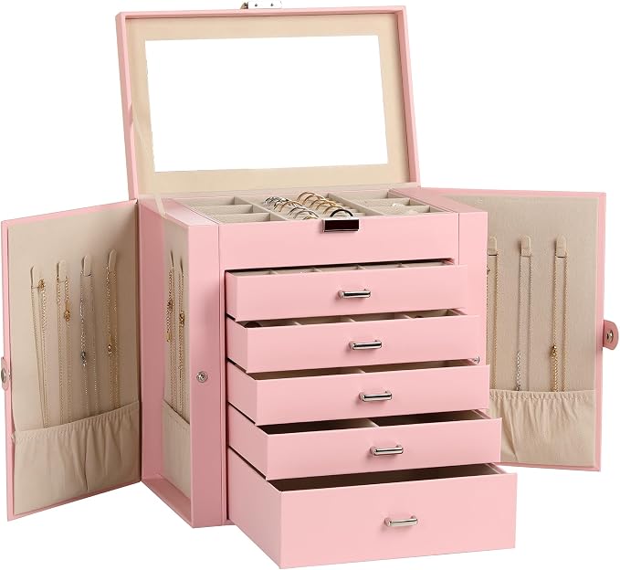 Frebeauty Large Jewelry Box,6-Tier PU Leather Jewelry Organizer,Multi-functional Storage Case with Mirror,Accessories Holder with 5 Drawers for Necklace Bracelets Watches(Pink) by Frebeauty