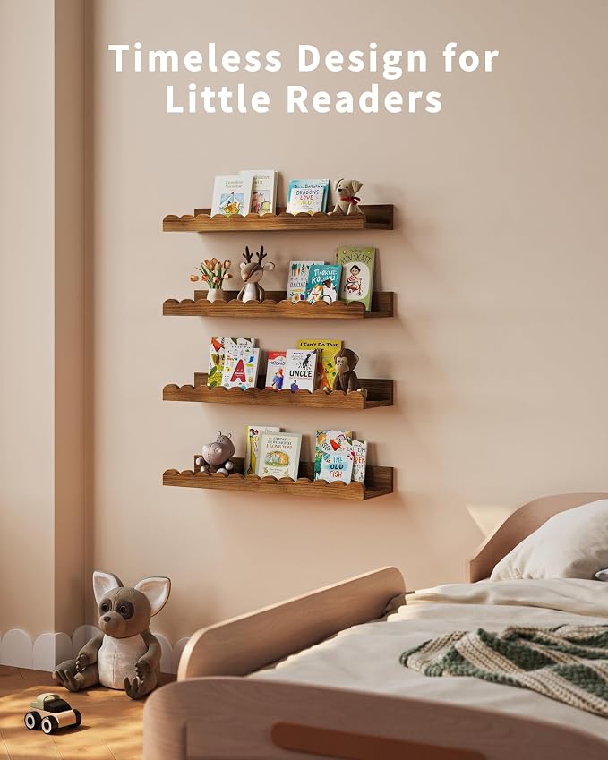 Shario Nursery Book Shelves, 4-Pack Walnut Brown,Floating Shelves for Wall Kids, Scalloped Shelves, Wall Book Shelves for Bedroom Kids, Toddler Room, Baby Room, Nursery Decor - Image 5