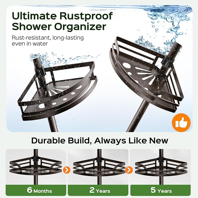 HAMITOR Shower Caddy Tension Pole: Rustproof Bathroom Corner Shelf for Renters, 47-121 inches Adjustable Organizer with Soap Holder-Large Capacity Rack for Shampoo Storage Home Accessory- Bronze - Image 3