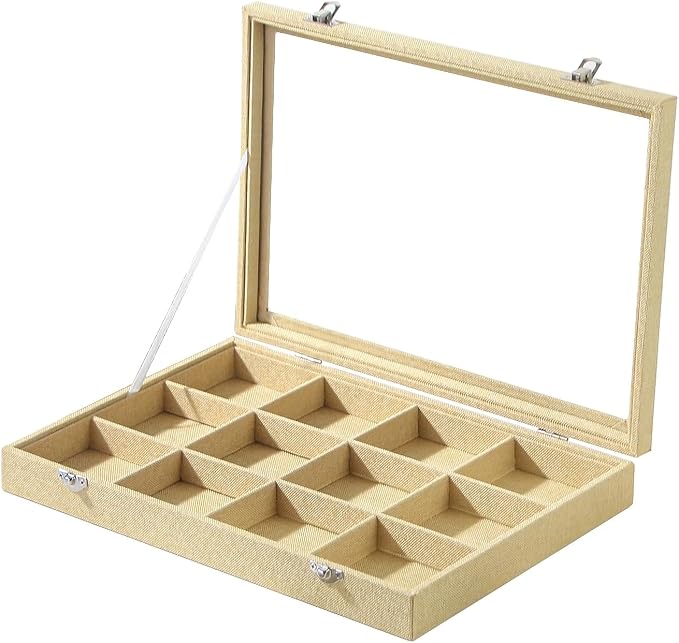 Coward Jewelry Organizer Box, Yellow Linen 12 Grids Bracelet Bangle Necklace Jewelry Display Tray Case with Transparent Glass Lid for Home Drawer Desk or Store Selling Show by FocusOnJewelryDisplay15yrs