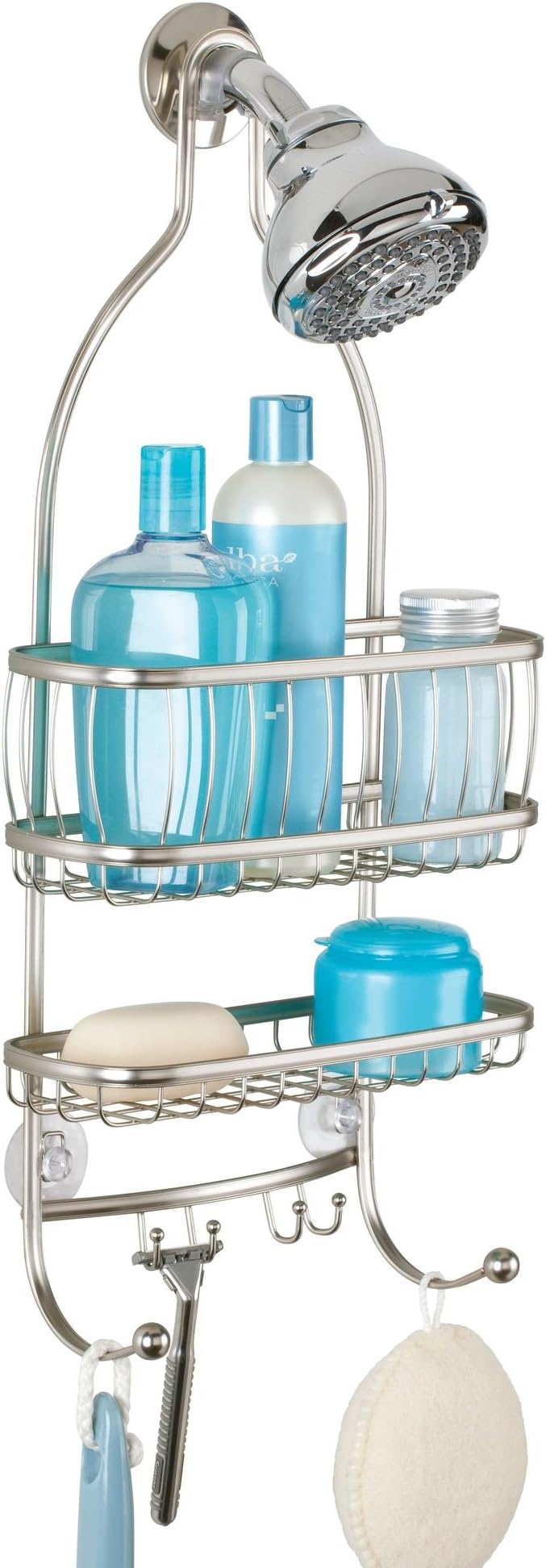 iDesign York Metal Wire Hanging Shower Caddy, Extra Wide Space for Shampoo, Conditioner, and Soap with Hooks for Razors, Towels, and More, 9.75" x 4" x 22", Satin Silver by iDesign