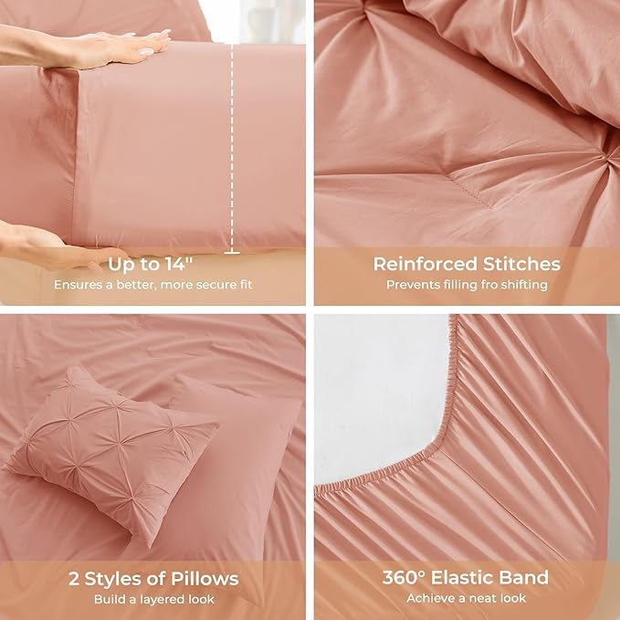 Sasttie King Size Comforter Set, 7-Piece Bed in a Bag, Pintuck Bedding Set for All Season, Includes Comforter, Flat Sheet, Fitted Sheet, Pillowcases and Pillowshams, Blush
