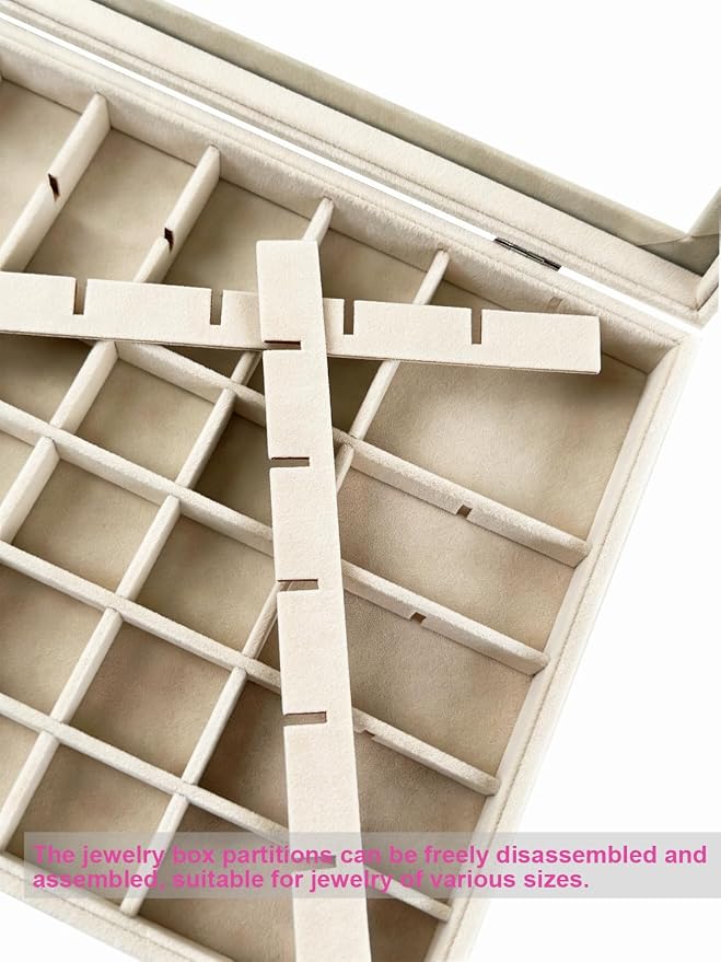 Velvet Jewelry Tray 48 Compartments Jewelry Box Display Organizer with Transparent Cover Earrings, Rings,Necklaces, Pendants Storage Box for Girls, Women,Wife, Mother(Beige) - Image 4