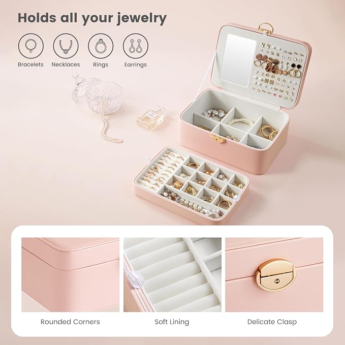 Lolalet 2 Layer Jewelry Box with Lock and Key for Teen Girls & Young Women, Jewelry Organizer Case with Round Clasp and Mirror for Earrings Rings Necklaces Storage, Gift Idea -Lightpink - Image 2