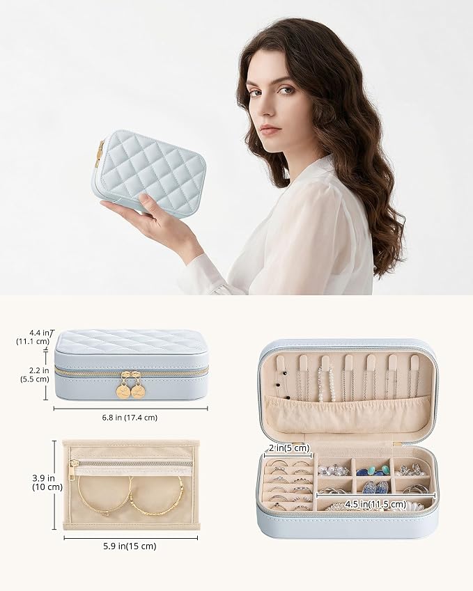 Lolalet Travel Jewelry Case for Women Girls, PU Leather Jewelry Organizer with Clear Storage Bag Small Portable Jewelry Box for Necklace Bracelet Earring Ring Mothers Day Birthday Gifts -Medium/Blue - Image 5