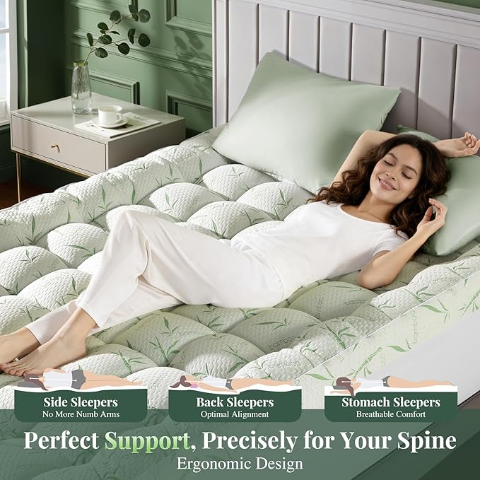 Mattress Topper Viscose Made from Bamboo Pillow Top Mattress Topper,1200 GSM Cooling Mattress Pad,2In Extra Thick Pillow Top for Back Pain with 6"-18" Deep Pocket(Queen,60"x80")