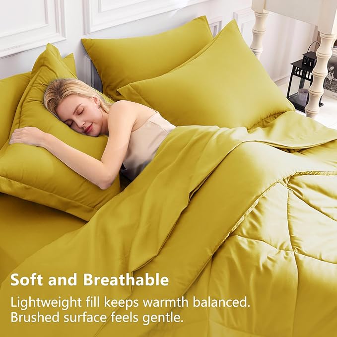 CozyLux Full Size Comforter Sets Mustard Yellow - 7 Pieces Bed in a Bag Full, Luxury Soft Bed Set for All Seasons, Bedding Set with Down Alternative Comforter, Sheets, Pillowcases & Shams