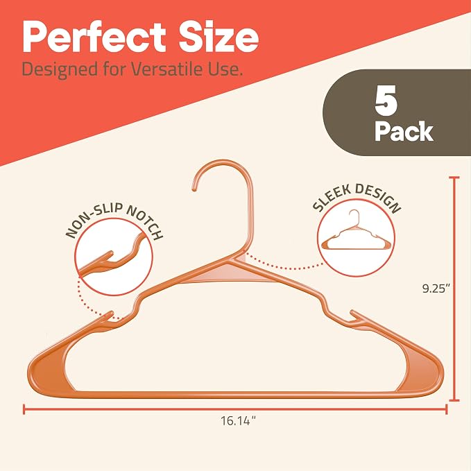 Plastic Clothes Hangers – Heavy Duty Hanger Set, for Organizing Clothes, Dresses, and Coat, Holds Up to 5 lbs, Space-Saving Hangers with Non-Slip Shoulder Grooves, Pack of 5, Brown - Image 2