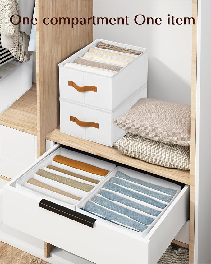 Homsorout Clothes Organizers and Storage - 4/5/7 Grids Fabric Jeans Organizer with Handles, Foldable Closet Organizers Dividers, Wardrobe organizer for Pant, Sweater, T-shirt, Scarf, 3 Pack, White - Image 4