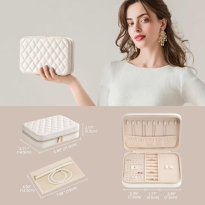 Lolalet Travel Jewelry Case for Women Girls, Travel Jewelry Organizer Box with Mirror & Clear Storage Bag, Small Portable Earring Necklace Bracelet Ring Case, Birthday Valentine Gifts -Medium, White - Image 6