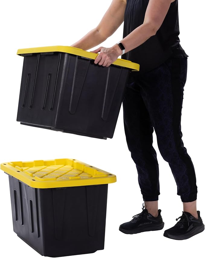 Plastic 23-Gallon Storage Tote with Lockable Lid, Stackable Tough Regular-Duty Bin for Garage, Tools, and Home Organization (2-Pack) - Black and Yellow - Image 4
