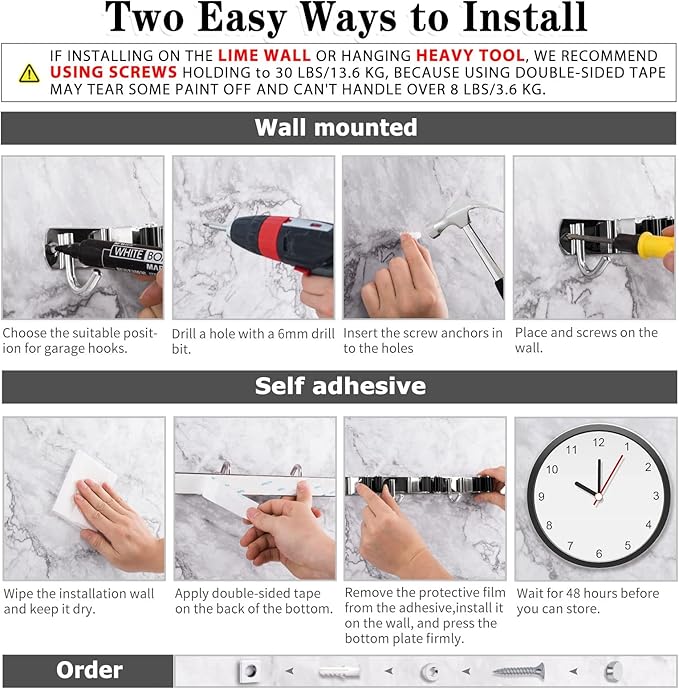 2 Pack 3 Racks and 4 Hooks Broom and Mop Holder Wall Mounted Garage Organizer Storage Tool Racks Stainless Steel Heavy Duty Hooks Self Adhesive Solid Non-slip Wall Hangers for Home Kitchen Garden - Image 5