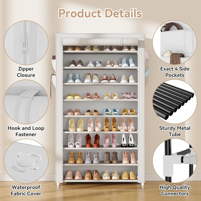 LANTEFUL Shoe Rack with Covers 10 Tier Tall Shoe Rack Organizer Large Capacity Shoe Shelf Storage 40 Pairs Space Saving Free Standing Shoe Storage Organizer for Closet, Entryway, Dorm, White - Image 4