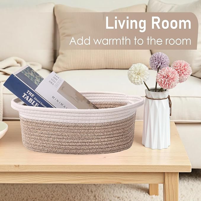 JMvicyroam Woven Basket,Small Rope Storage Bin with Handles & Ribbon Bag, Organizer for Shelves Closets,Gift Basket Empty for Birthday,Books,Dog Toys, White&Oatmeal - Image 7