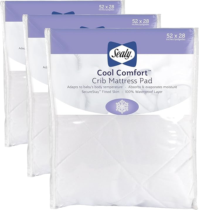 Sealy Baby Cool Comfort Cooling Breathable Waterproof Crib Mattress Protector Pad, Toddler Bed Cover, Machine Washable and Dryer Friendly, 52x28”- White (Pack of 3)