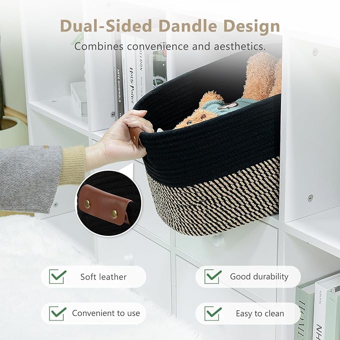 ECDYQXVU Cotton Rope Basket, Storage Baskets with Handle, 15x10x9 Inch Woven Basket for Shelves, Laundry, Towels, Clothes, Books, (Black Brown 2 Pack) - Image 4