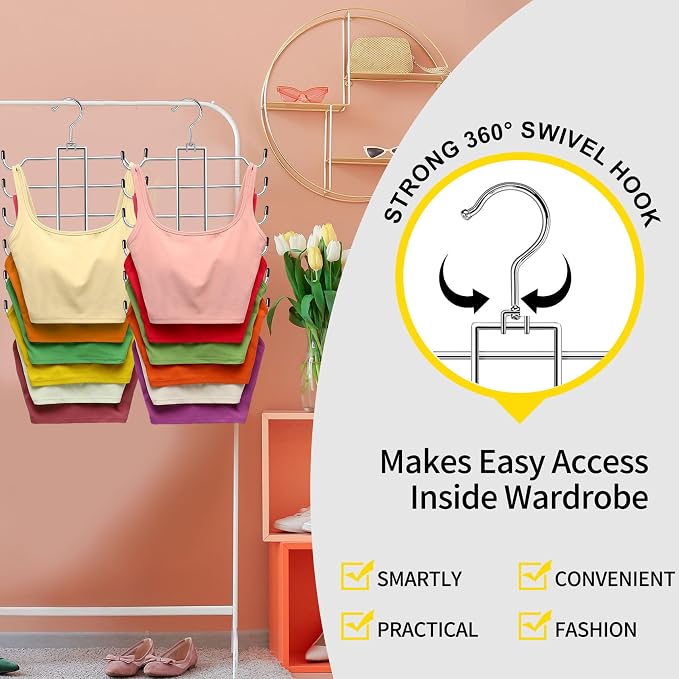 Metal Tank Top Hanger 2 Pack, Space Saving Bra Organizer with 24 Easy Access Hooks, 360° Swivel Closet Organizers and Storage, Apartment College Dorm Room Essentials, Small Space Organization Solution - Image 5