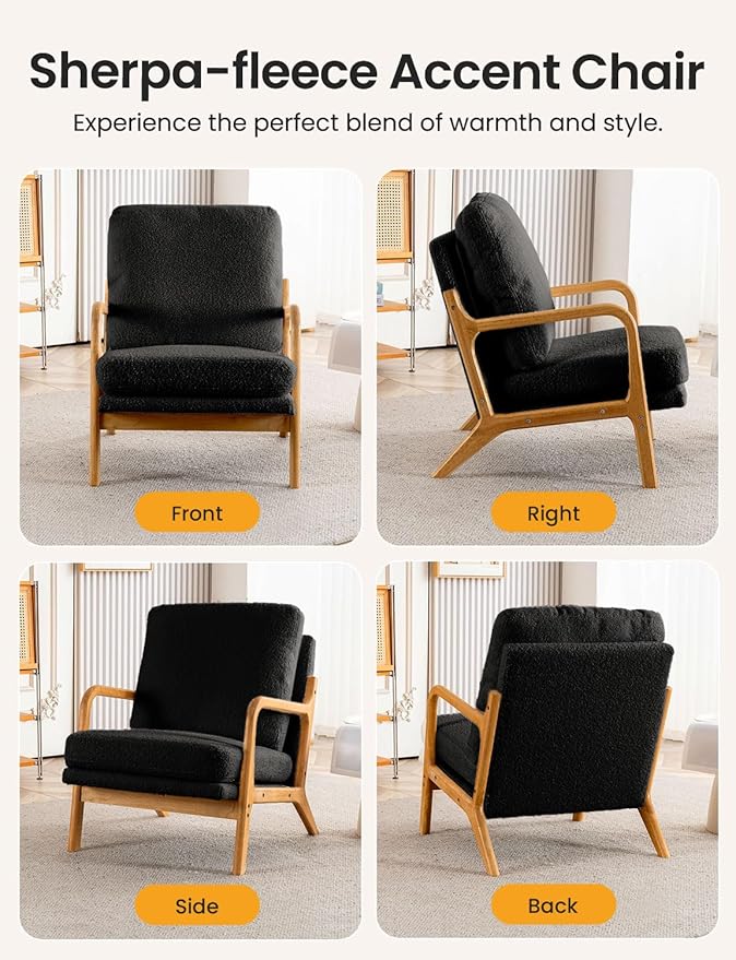 Mid Century Modern Accent Chairs for Living Room, 23” Wide Comfy Chair for Bedroom, Small Cozy Sherpa Reading Chairs for Adults, 108° Lounge Arm Chair Indoor with Detachable Cover, 5.5" Foam Cushion