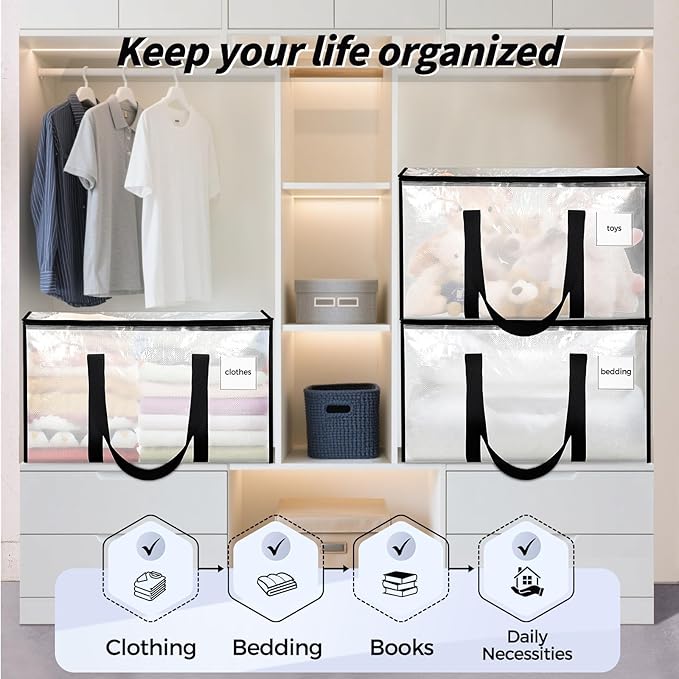 16 Pack Extra Large Heavy Duty Moving Bags, Clear Storage Bins with Lids, Reinforced Handles & Heavy-Duty Zippers Moving Boxes Storage Bags Totes for Clothes Packing, Dorms, College Supplies, Clear - Image 7