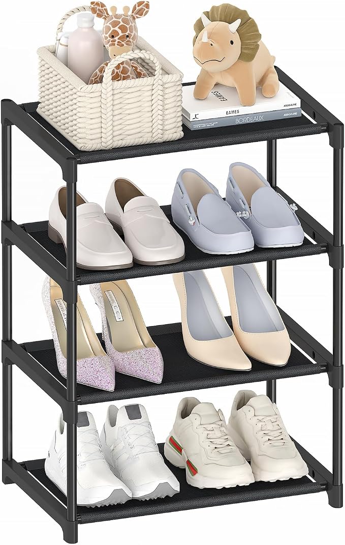 Autonomier 4 Tier Extra Small Shoe Rack (16.3" Wide), Narrow Stackable Kids Toddler Adult Shoe Storage Organizer Shelf for Closet Floor Entryway Bedroom, Space Saver Shoe Rack Organization Shelves by Autonomier