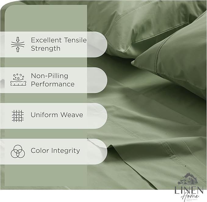 Linen Home 100% Cotton Percale Sheets Full Size, Oil Green – Crisp & Cool, Breathable, Long-Staple Combed Cotton, 16" Deep Pocket, 4 Pieces: 1 Flat, 1 Fitted Sheet & 2 Pillowcases